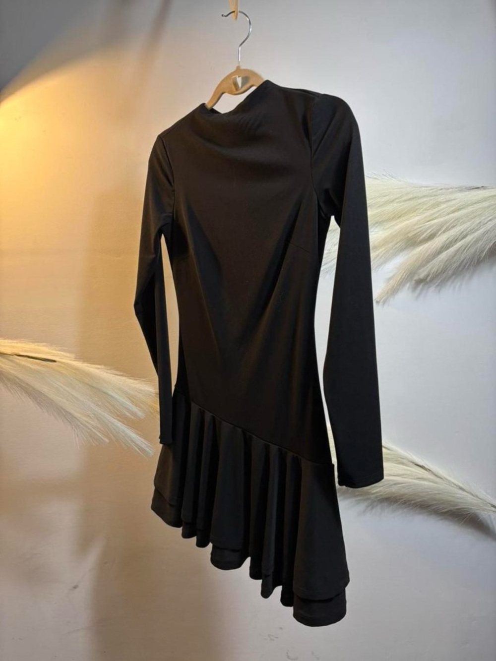 (#103) Long Sleeve Asymmetric Ruffle Hem Dress - Black